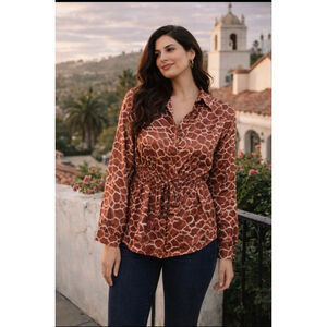 Women's Unique Spectrum Brown White Giraffe Print Blouse 2X
